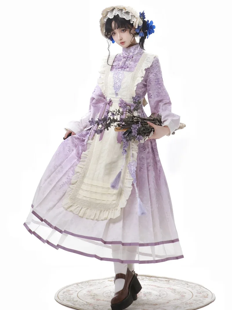 Grembiule da donna originale Lolita quotidiano carino dolce stile pastorale serie CLA stampa retrò colletto alla coreana manica lunga viola abito lungo grembiule