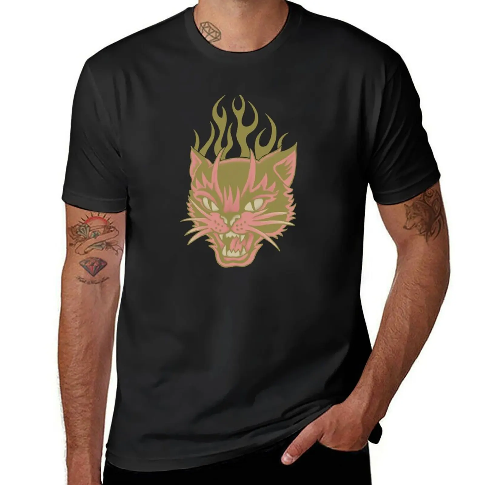 Flaming Cat - American Trad Tattoo Design T-Shirt summer clothes Aesthetic clothing summer tops tees t shirt for men