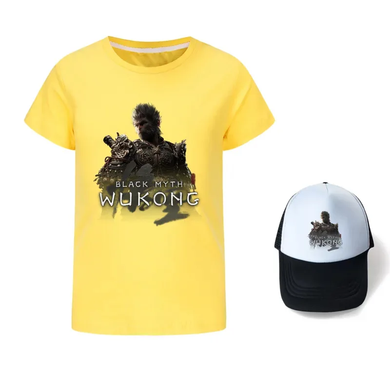 111 www Game Black Myth Wukong طباعة زي أطفال بنين وبنات على مهل تي شيرت + قبعة موضة عيد ميلاد مهرجان هدية لـ Ch #1