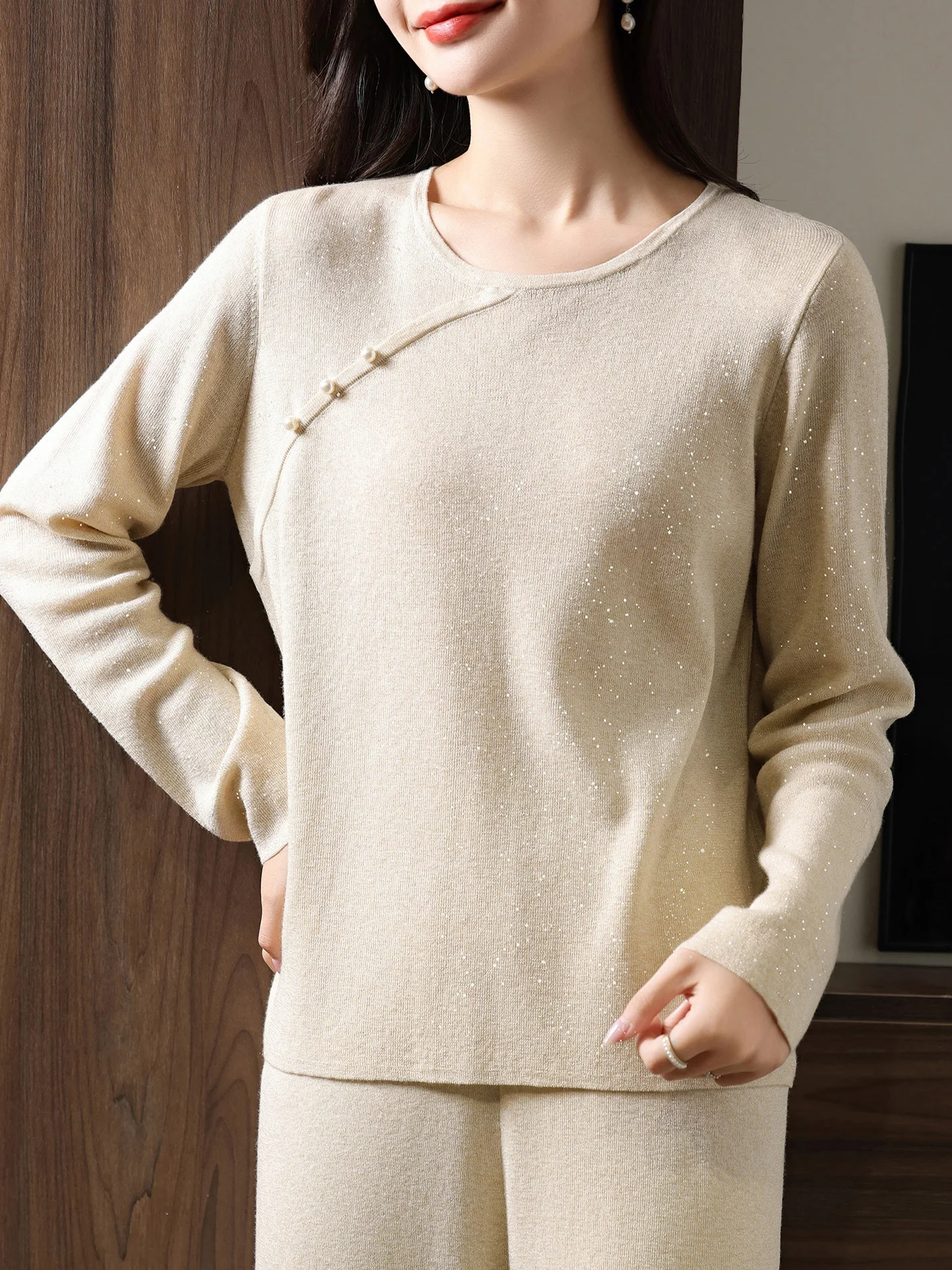 Autumn Winter Women 100% Merino Wool Sweater Round Neck Diagonal Pearl Buttons Loose Solid Soft Knit Long Sleeve Pullover Top
