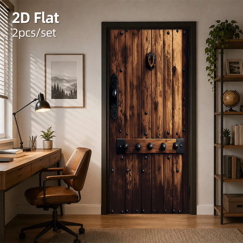 1 piece of retro wooden door decoration sticker with simulated wood grain and metal rivet design, self-adhesive and easy to stic