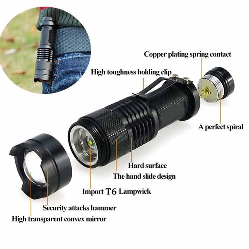 SK98 Mini LED Flashlight Rechargeable Zoomable Work Light 600LM 5 Modes Portable Torch Pocket Outdoor Lamp by 18650 battery