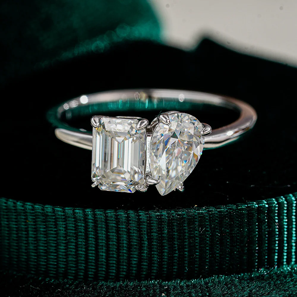 

Two Stone Moissanite Ring S925 Sterling Silver Emerald Cut & Pear Cut Moissanite Engagement Ring Women Wedding Fine Jewelry Gif