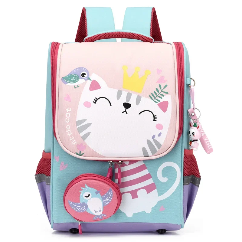 Mochilas de desenhos animados da escola primária, Cute Cat School Bag para meninos e meninas, Mochila Dinossauro para Crianças, Grade1-2