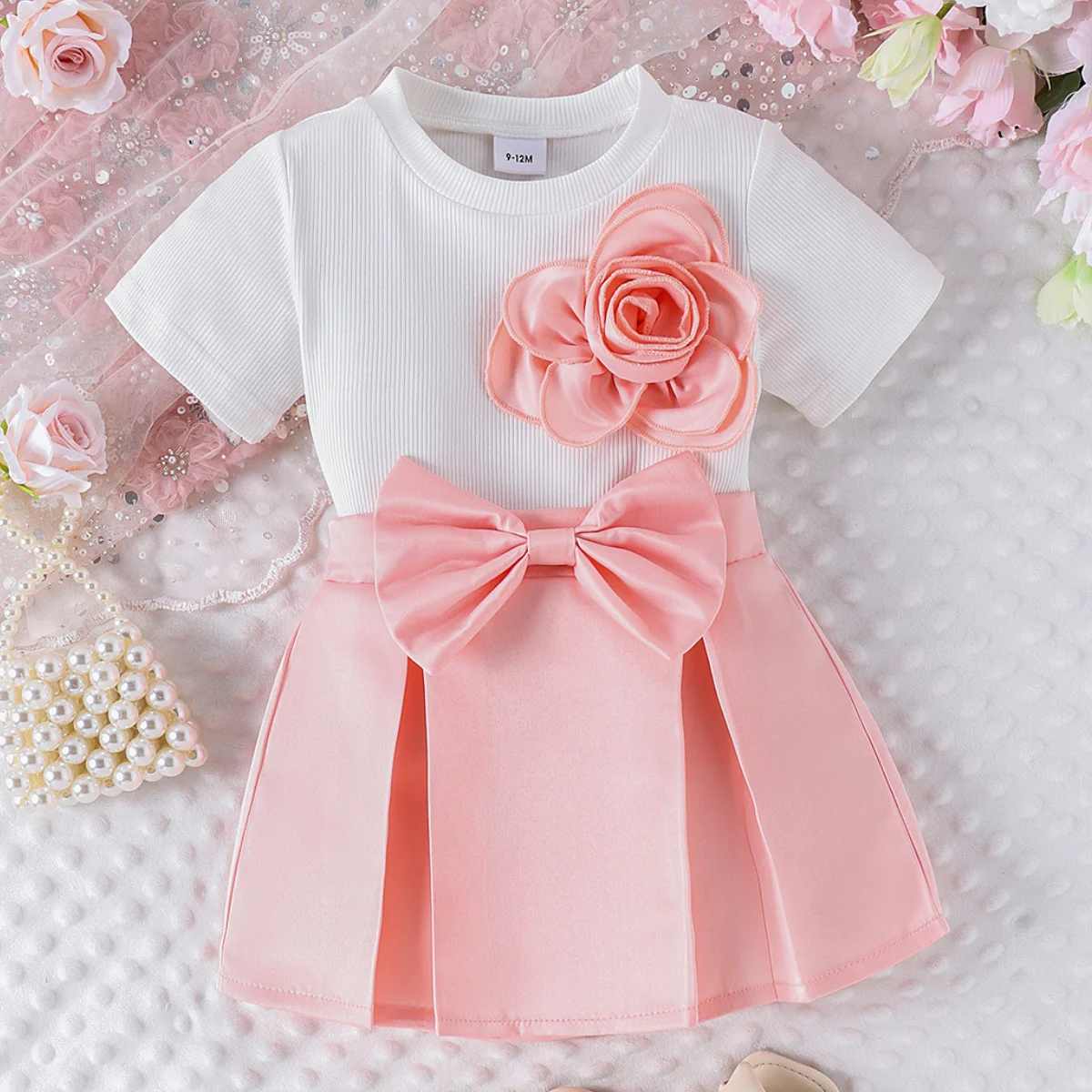 Summer Preschool Children's Pit Stripe Flower Chest Short Sleeved Top Bow Fold Short Skirt Sweet and Cute Girl Set