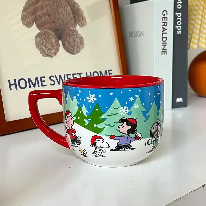 Taza de Snoopy, estilo de Anime de dibujos animados, bonita cerámica a granel, cereales, desayuno, leche, taza de café, vidrio avanzado creativo, regalos de Nochebuena