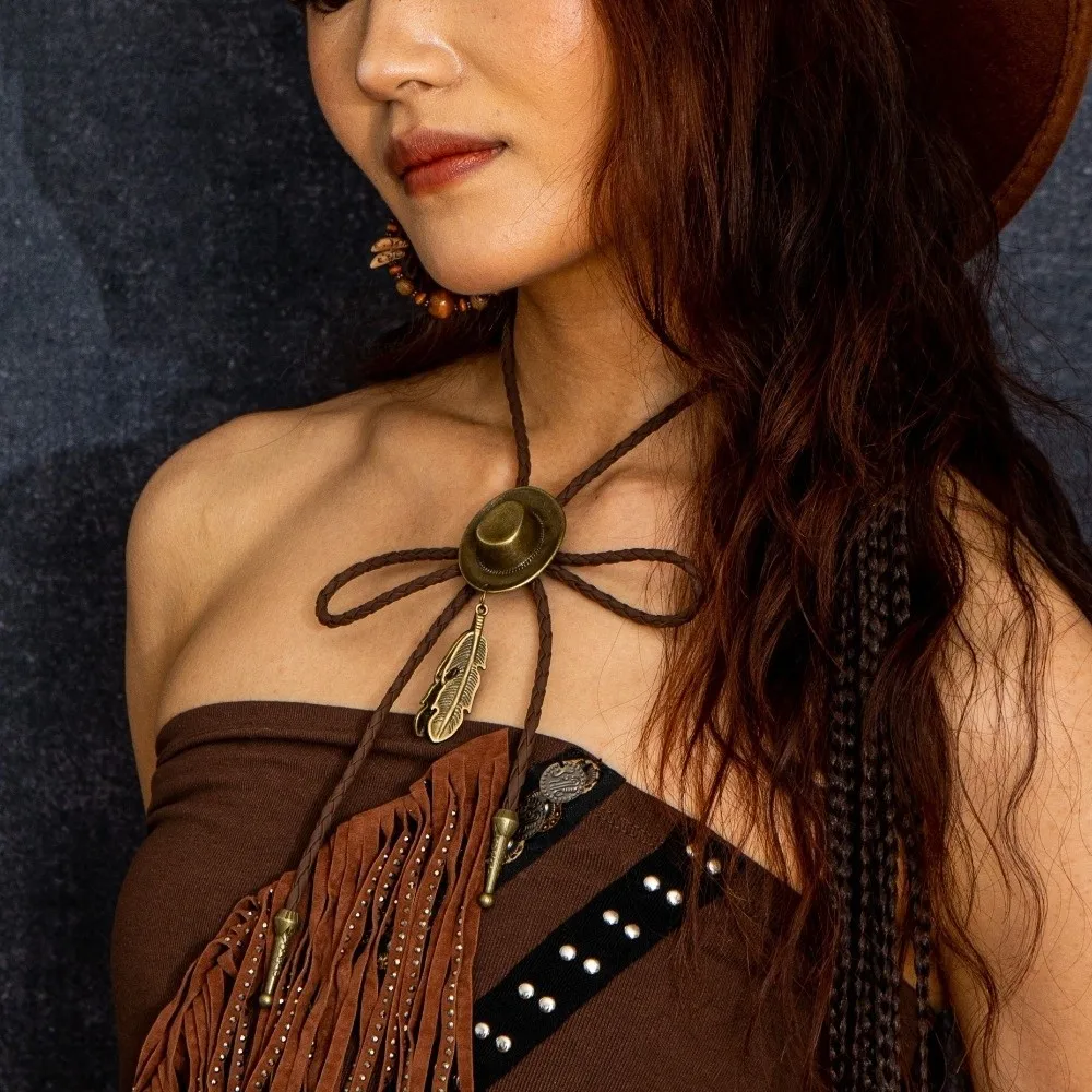 Vintage Western Cowboy Hat Necklace Leather Rope Adjustable Long Pendant Chain Unisex Alloy Metal Feather Necktie Western Style
