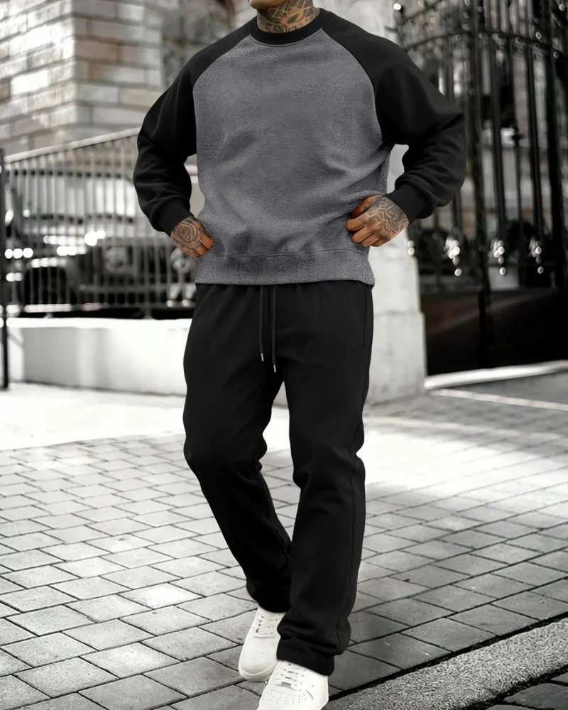 

Осень-зима 2024, новый мужской модный повседневный однотонный спортивный костюм с круглым вырезом, свободный повседневный комплект из двух предметов с длинными рукавами