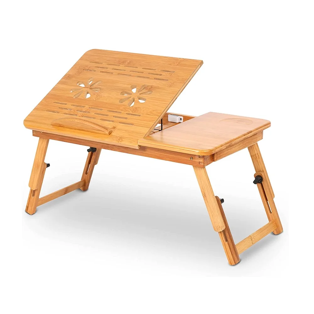 Image of Klappbarer Bambusbett-Tisch für PC, tragbar, neigbar, 66x35x30 cm
