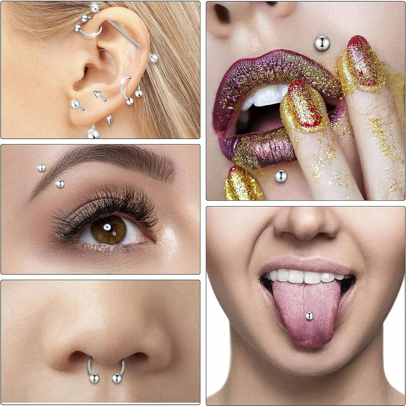 7pcs/Set Stainless Steel Body Piercing Jewelry Kit With 14G 16G Piercing Needles & Ear Cartilage Tragus Nose Septum Lip Eyebrow