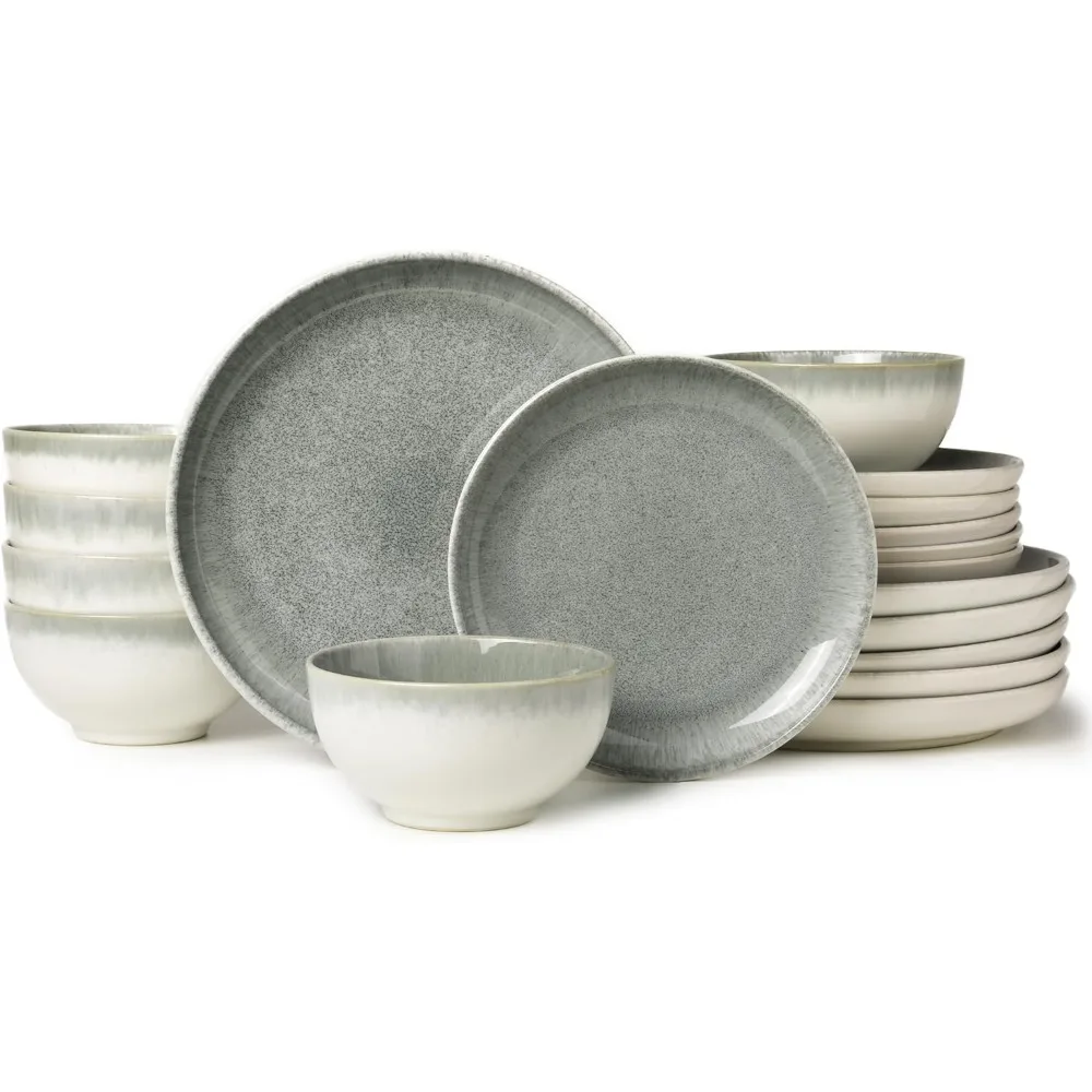 Ceramic Dinnerware Sets for 6, 18 Pieces Stoneware Plates and Bowls Sets, Chip and Stain Resistant Modern Dishes, Dishwasher & M