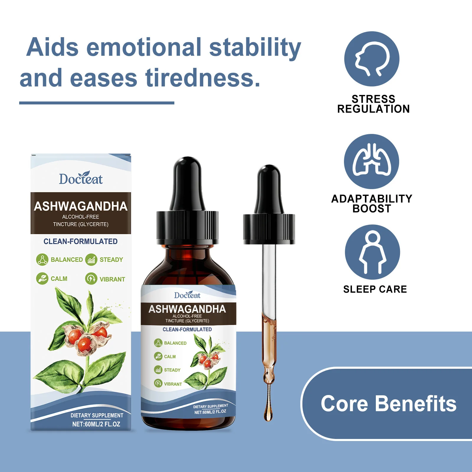 Pure Ashwagandha Liquid Extract Drops Natural Calming Supplement Relieve Daily Tension Improve Sleeping Quality Boost Vitality