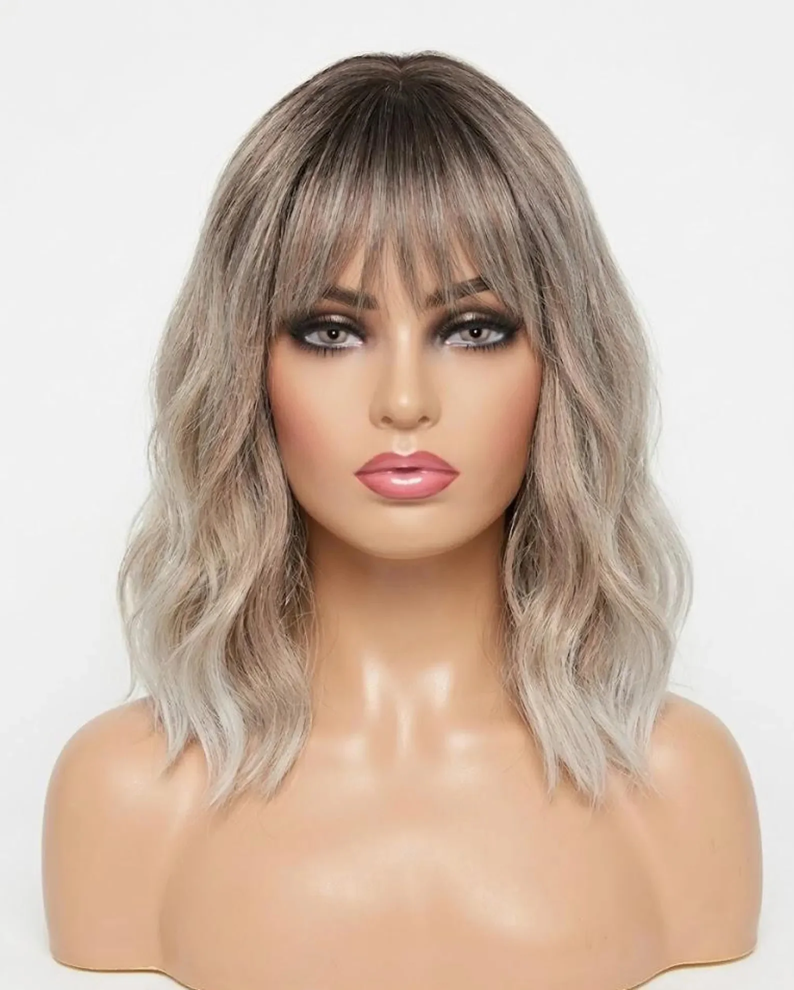 

Ombre Dark Brown Synthetic Natural Wavy Bob Wig with Bangs Heat Resistant for Women Daily Wear Party Wig on Clearance Sale
