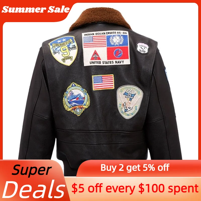 Dark Brown Military Style Pilot Leather Jacket Men Genuine Thick Natural Cowhide Winter Warm TOP GUN Aviation Coat