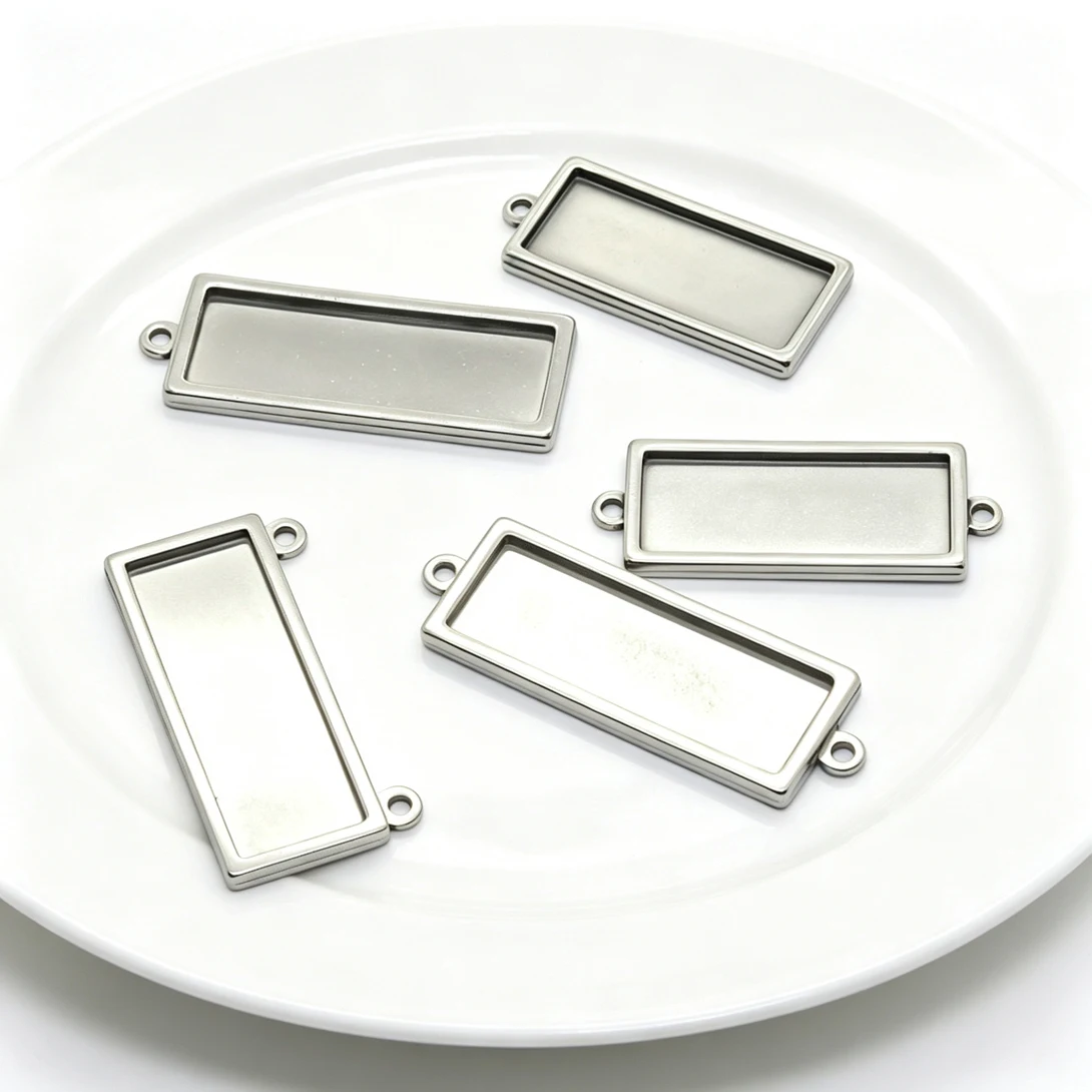 20Pcs Stainless Steel Rectangle Bezel Tray Blanks Single Double Hole Cabochon Settings For DIY Resin Photo Jewelry Making Parts