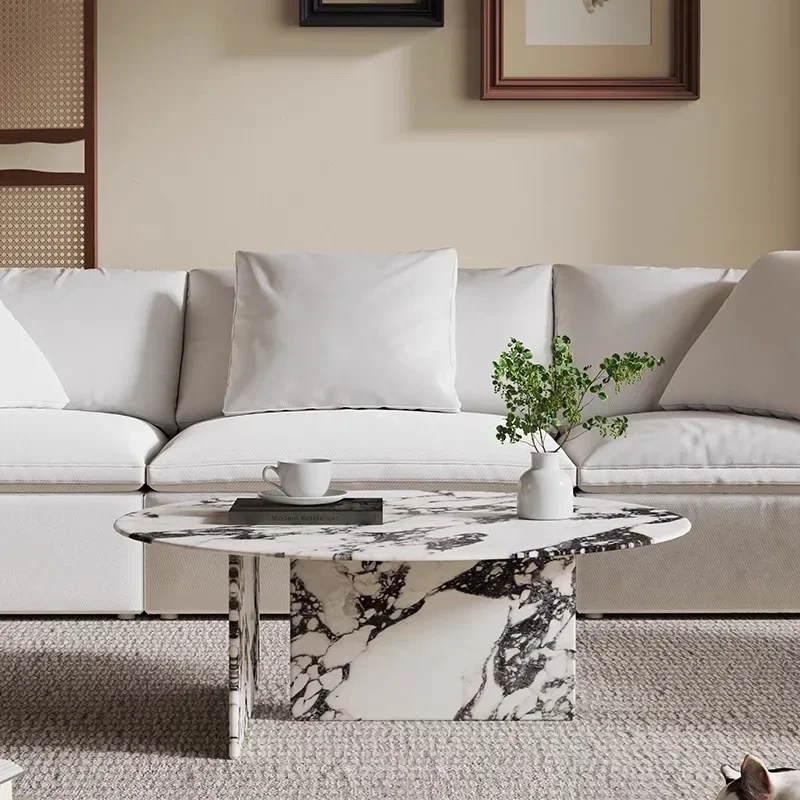 French Cream Style Natural Marble Coffee Table, Oval Round Italian Lacquered Top & Stainless Steel Frame, Heat-Resistant