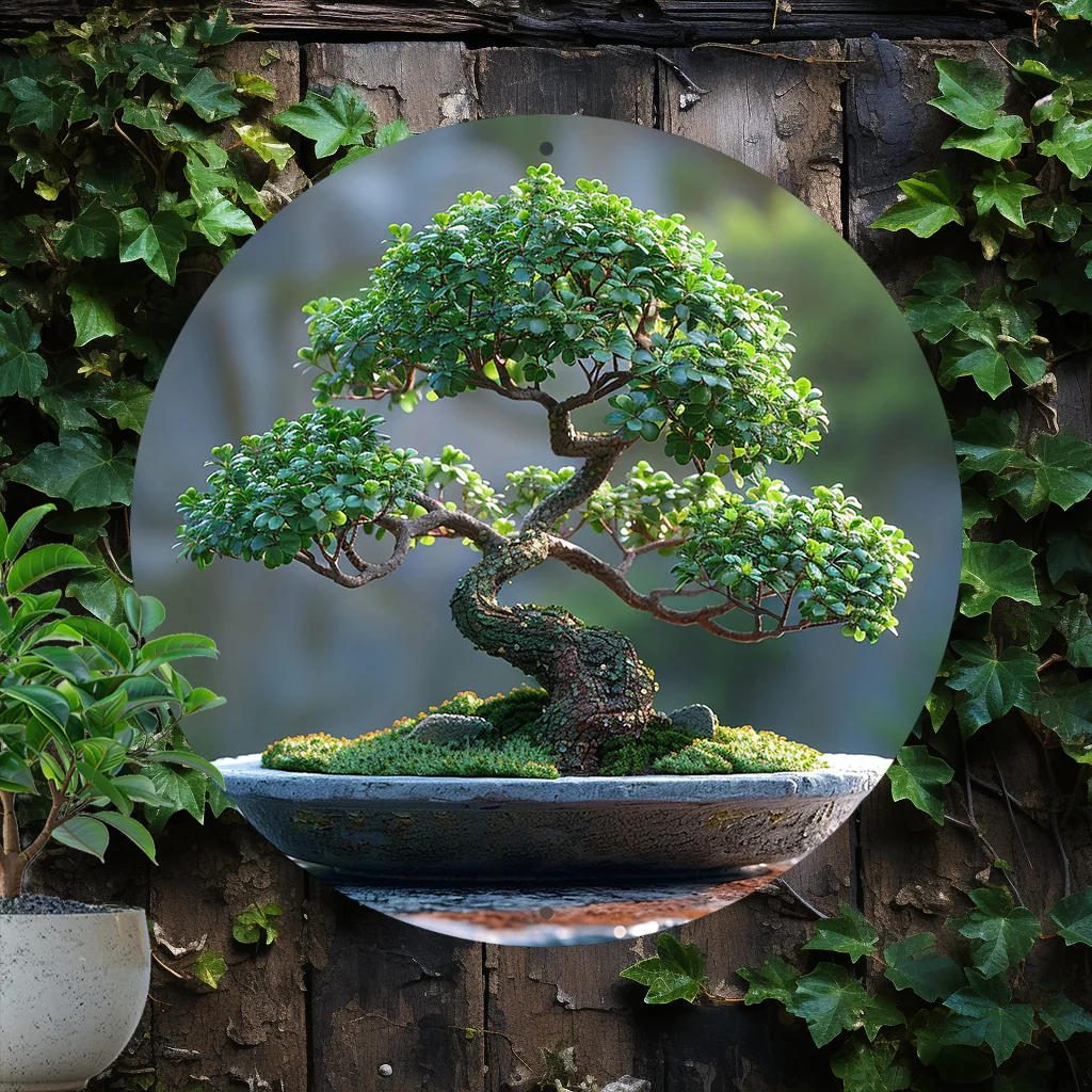 Waterproof Aluminum Art Set with 1pc Bonsai Tree Circular Wall Decor, 8x8 Inch Greenery Themed High-Definition Metal
