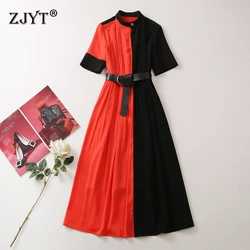 ZJYT 여름 디자이너 활주로 여성을위한 우아한 드레스 2025 새로운 짧은 소매 히트 컬러 미디 캐주얼 드레스 벨트와 함께