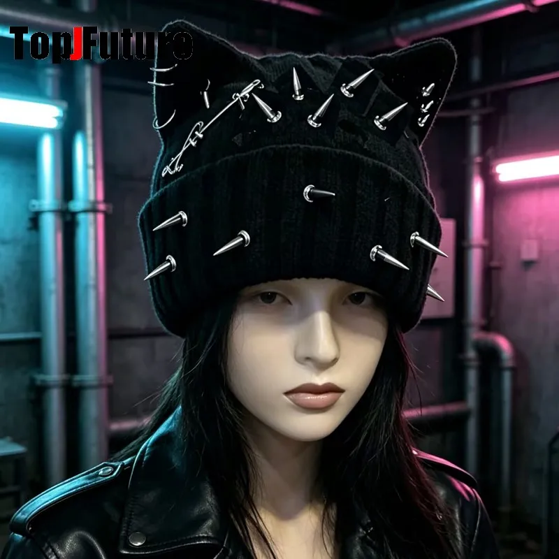 Harajuku Gothic Lolita Cat Ear Hat Women Punk Bat Winter Beanie Hat Landmine-kei Girl Mine-Style Alternative Fashion Y2K Cap