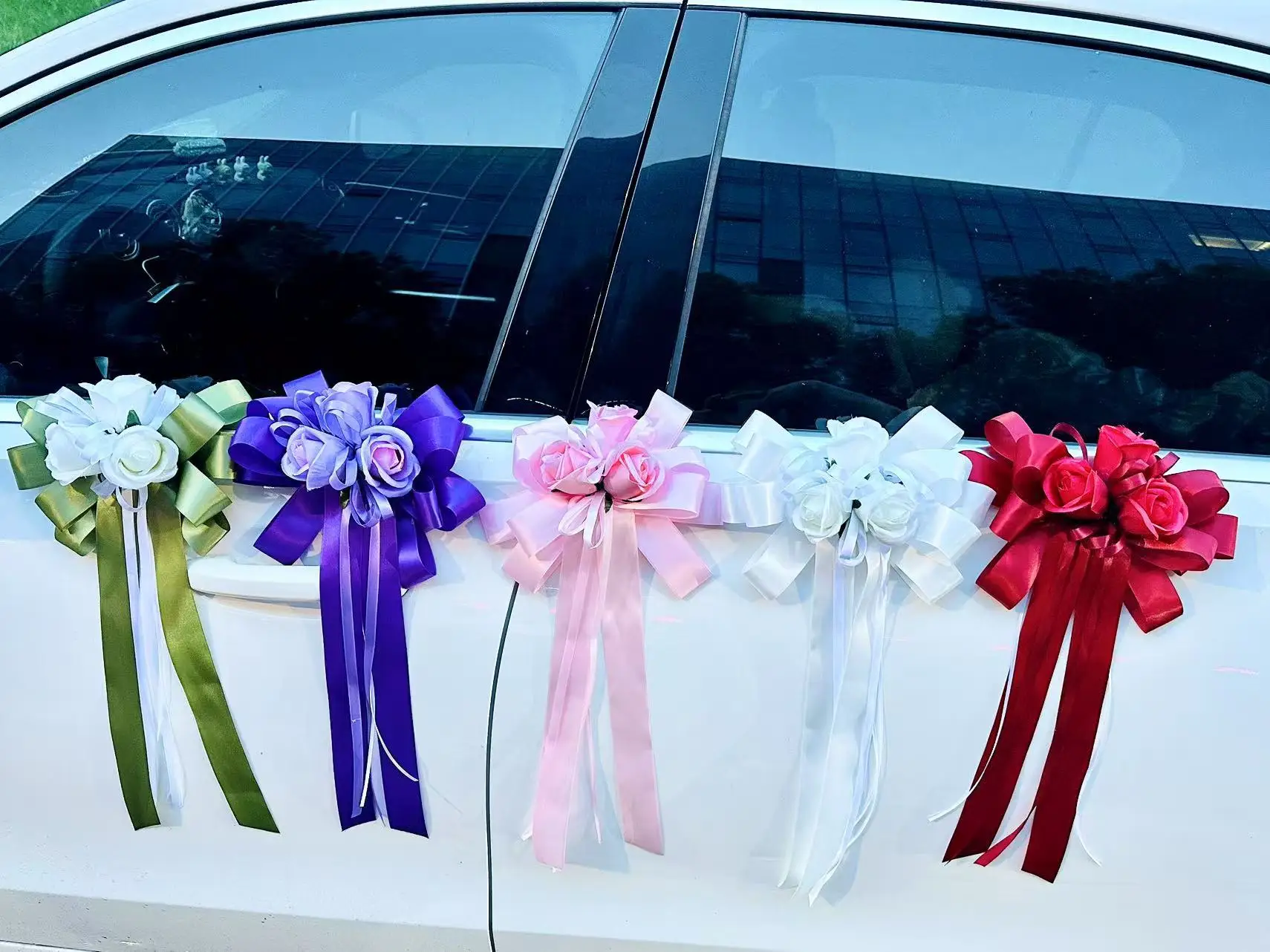 Yannew 4pcs Wedding Car Rearview Mirror Flowers with Ribbon Bow Tie Just Married Auto Door Handle Decoration Aisle Rose Flower
