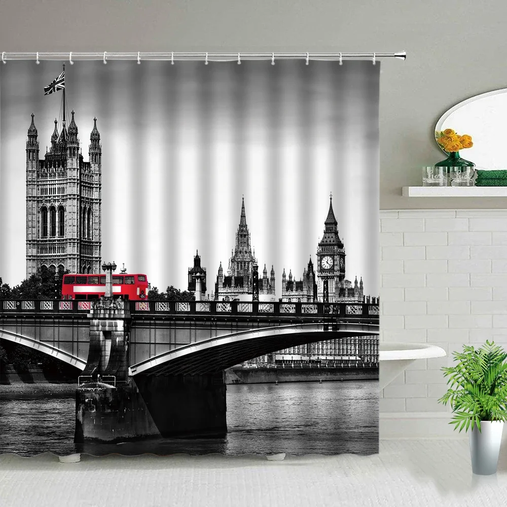 London Big Ben Paris Tower Red Bus Shower Curtain Building Landscape Bathroom Curtains Waterproof Fabric Bath Screen With Hooks