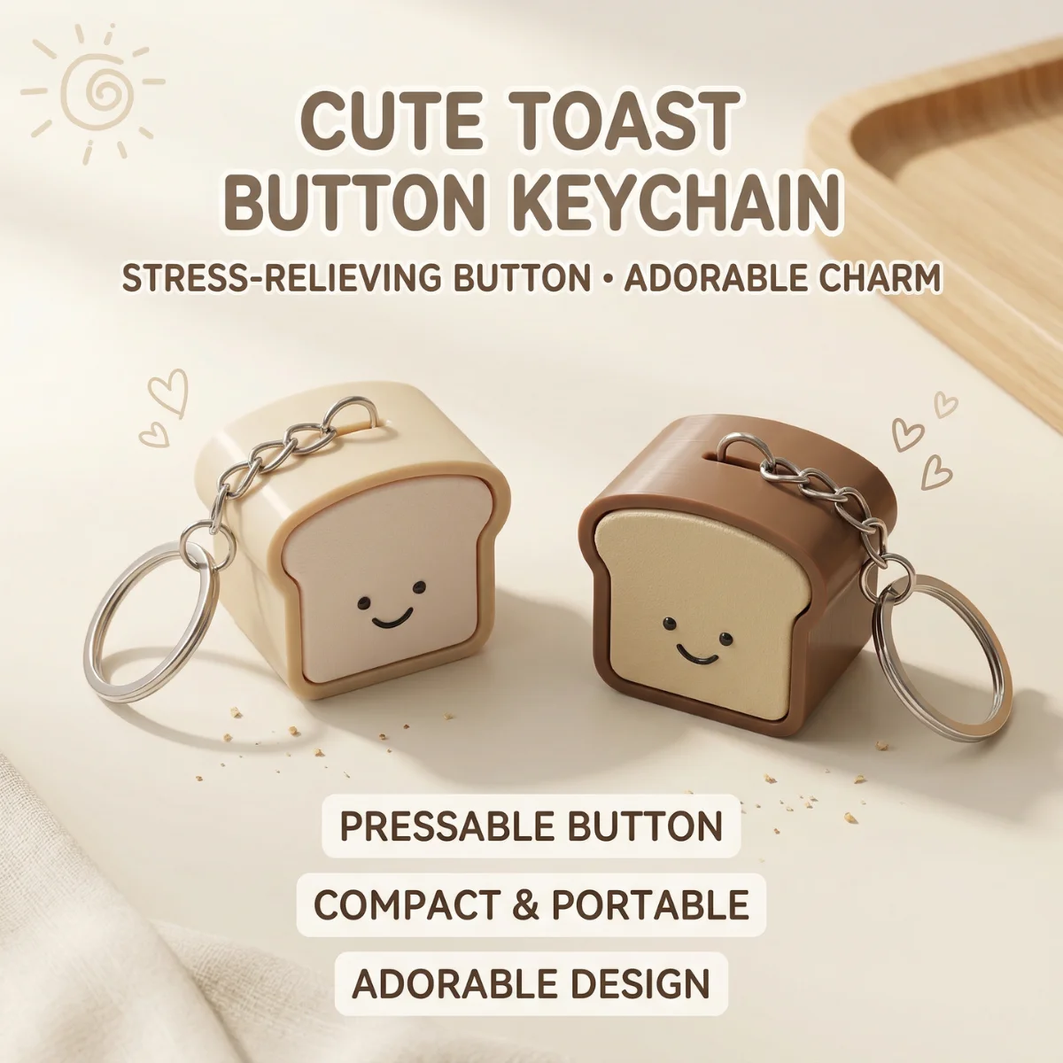 1 Stück 3,5cm Niedlicher Drückbarer Stressabbau-Schlüsselanhänger Weiches Silikon-Brot-Schlüsselanhänger-Set, Kawaii Toast-Brot-Form Lächelndes Gesicht Beige