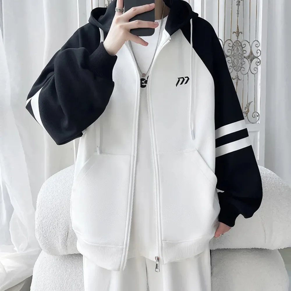 Mens Autumn Jacket Hoodie Contrast Retro Campus Jacket Streetwear Fashion Versatile Zip-Up Hoodies Unisex Men\'S Clothing 2024