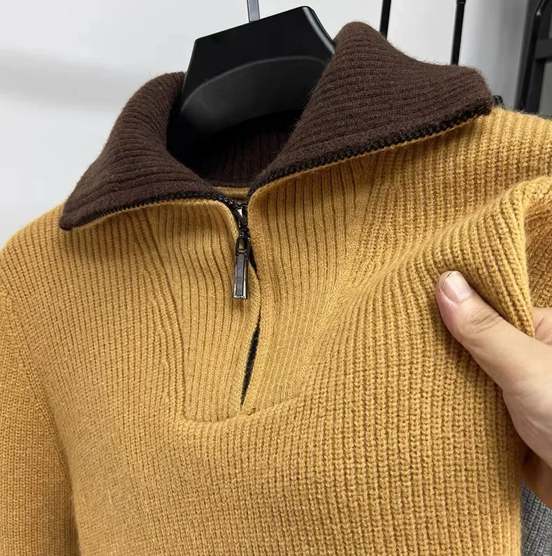 High-End-Marken-Trend-Männer-Pullover mit halbem Reißverschluss 2024, Herbst und Winter, neue lässige Mode, verdickter einfarbiger Strickpullover mit Stehkragen – Detail 6