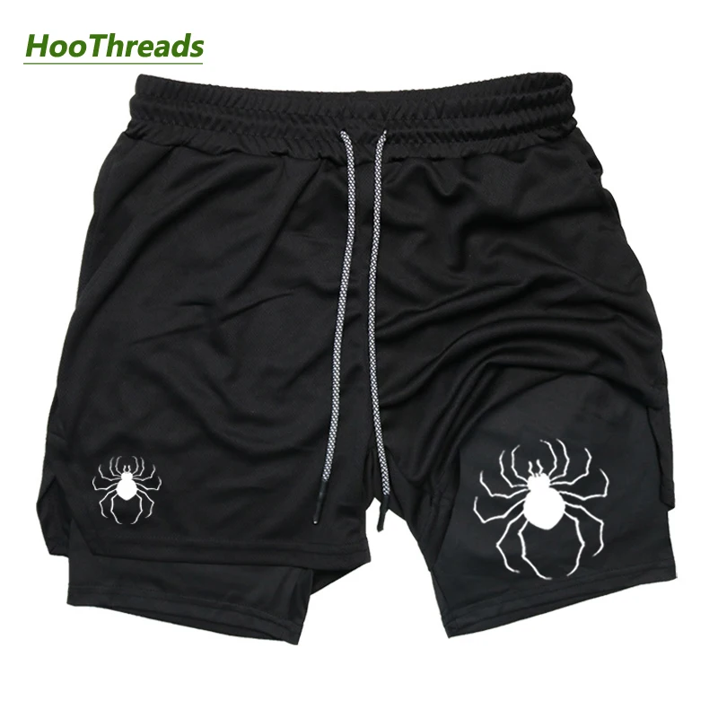 Spider Print 2 in 1 Compression Shorts for Men Gym Workout Running Athletic Performance Shorts with Phone Pocket Towel Loop