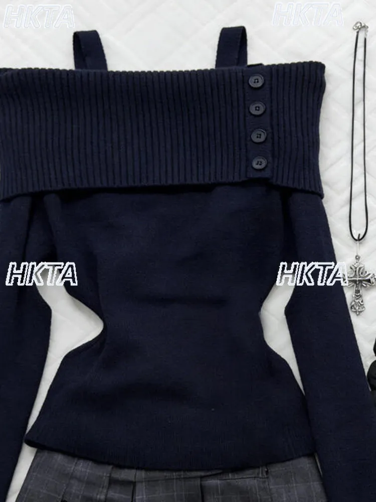 Gothique épaules dénudées mince tempérament tricoté pull hiver trajet élégant col doux à manches longues pull noir haut femmes