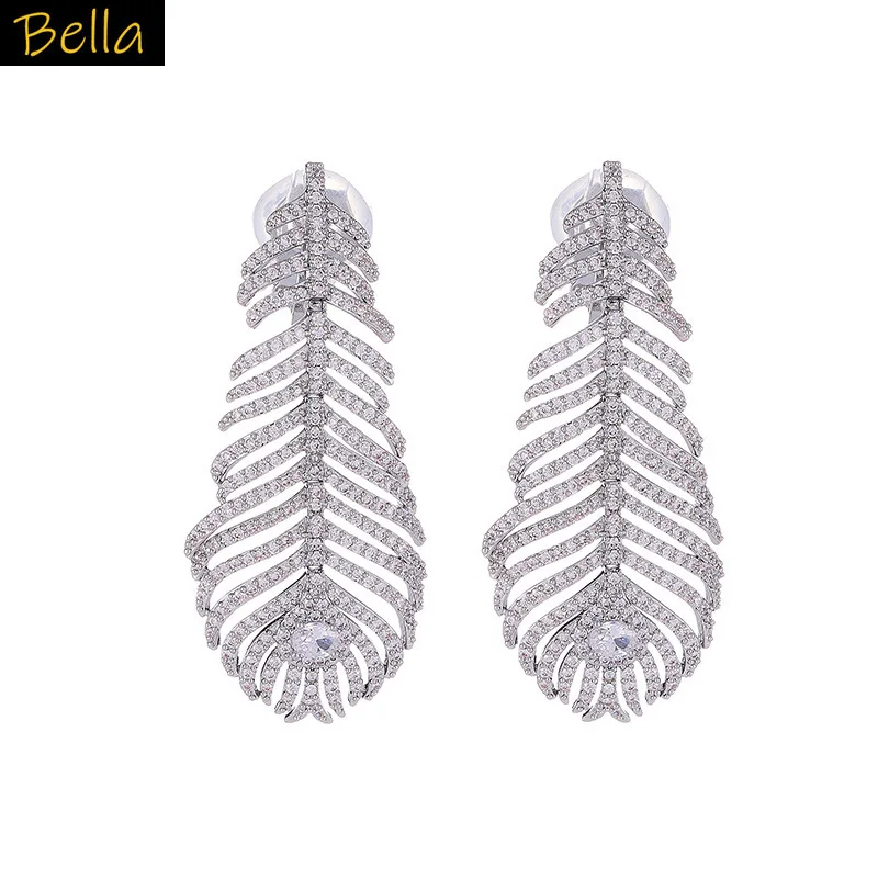 Fashion Cubic Zirconia Feather Dangle Earrings for Women Statement Jewelry Green White Leaf Drop Earrings Shiny Party Jewelry