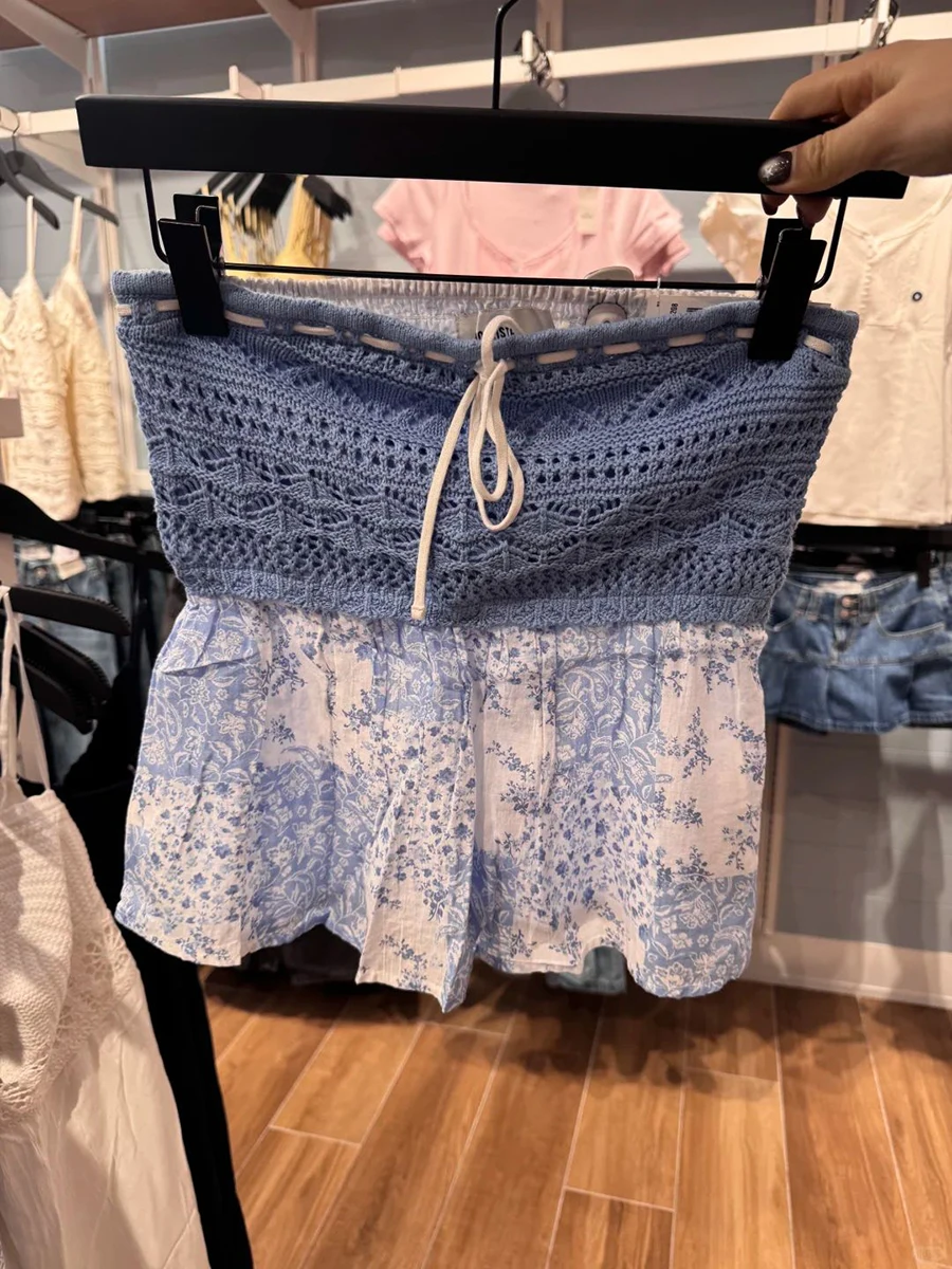 

New Crochet Patchwork Blue Floral Tube Top Women Summer Lace-up Bow Sleeveless Tank Tops Female Sweet Chic Slim Cropped Camisole