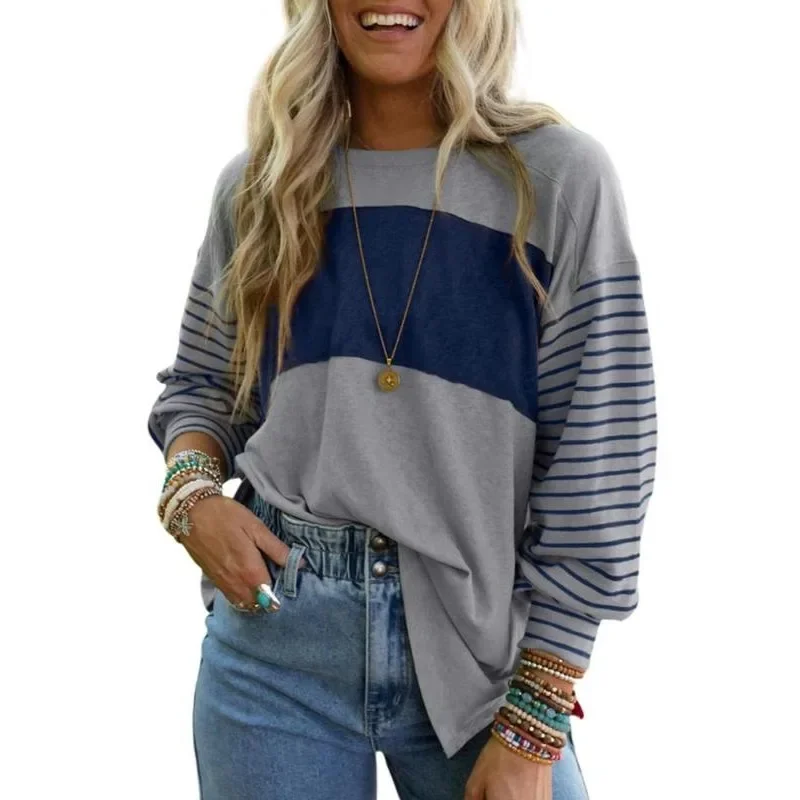 Plus Size 1XL-5XL Women's New Fashion Pullover Sweatshirt Round Neck Casual Striped Contrast Color Long Sleeve T-Shirt