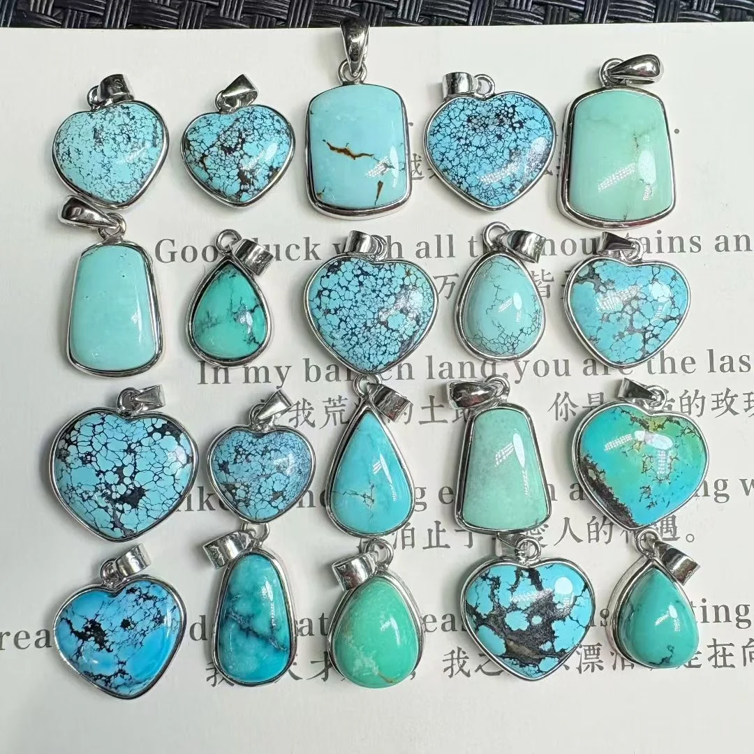 

1 Pc Fengbaowu Natural Turquoise Heart Pendant Square 925 Sterling Silver Reiki Healing Stone Jewelry Gift For Women Men