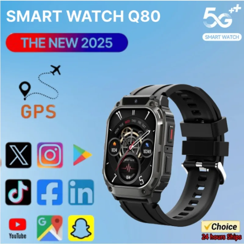 

2025 NEWQ80 Смарт-часы 4G SIM 1,955-дюймовый HD-экран GPS + передняя камера Wi-Fi Видеозвонок 64 ГБ/128 ГБ ПЗУ Android OS Google Play