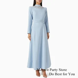 Light Blue Prom Dress Beads Customized High Neck A Line Pocket Dubai Party Gown for Formal Occasions Eid Evening Dresses