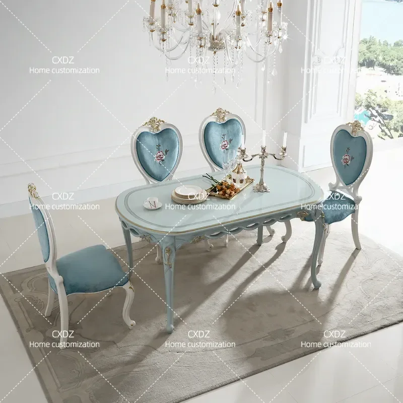 1.6M Oval Dining Table Set Blue French Pastoral Style European Birch Wood Customizable Kitchen Furniture for Home