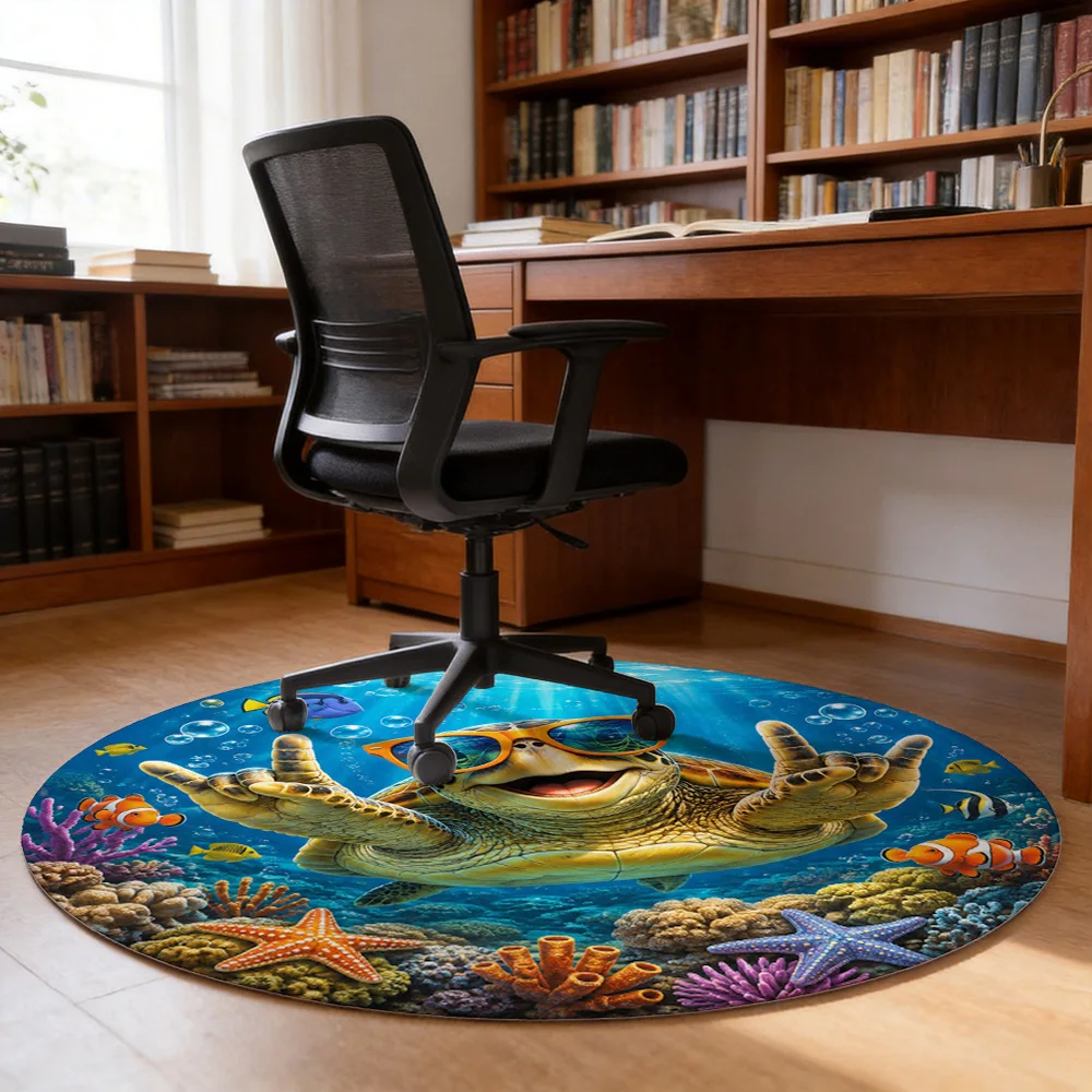 Tropical Ocean Life Round Area Rug Cute Sea Turtle Diving with Sunglasses Beach Mat for Bathroom or Living Room Decor