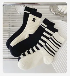 Socks Women'S Autumn And Winter Striped Embroidery Cotton Medium Socks Black And White Stripe Fashion Long Socks