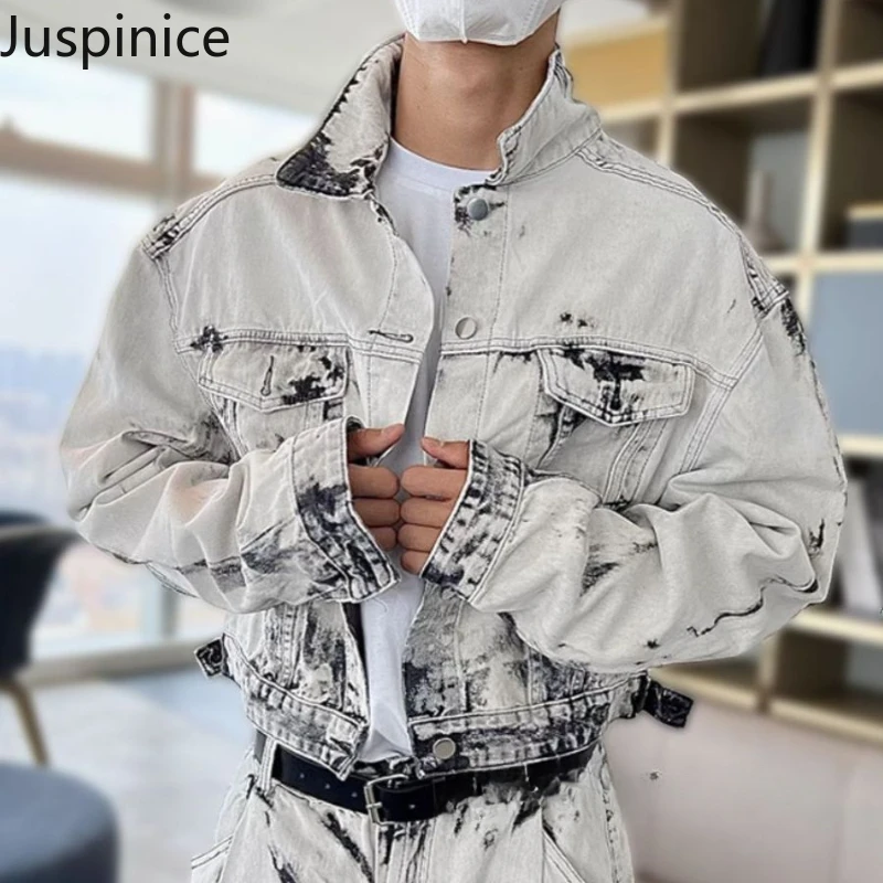 

American Retro Tie-dye Denim Jacket Jeans Suit Fashion Men’s Casual Loose Handsome Wide-leg Overcoat Trousers Male Clothes