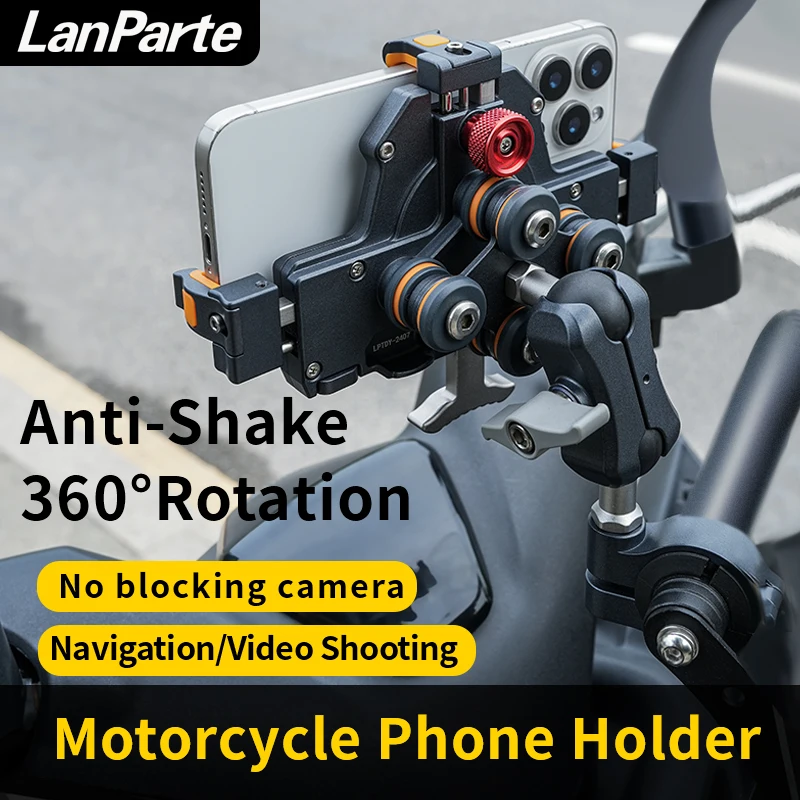 

LanParte Universal Anti-Shake Metal Motorcycle Phone Holder 360 Degree Adjustable Quick Release Phone Clamp with Safety Lock