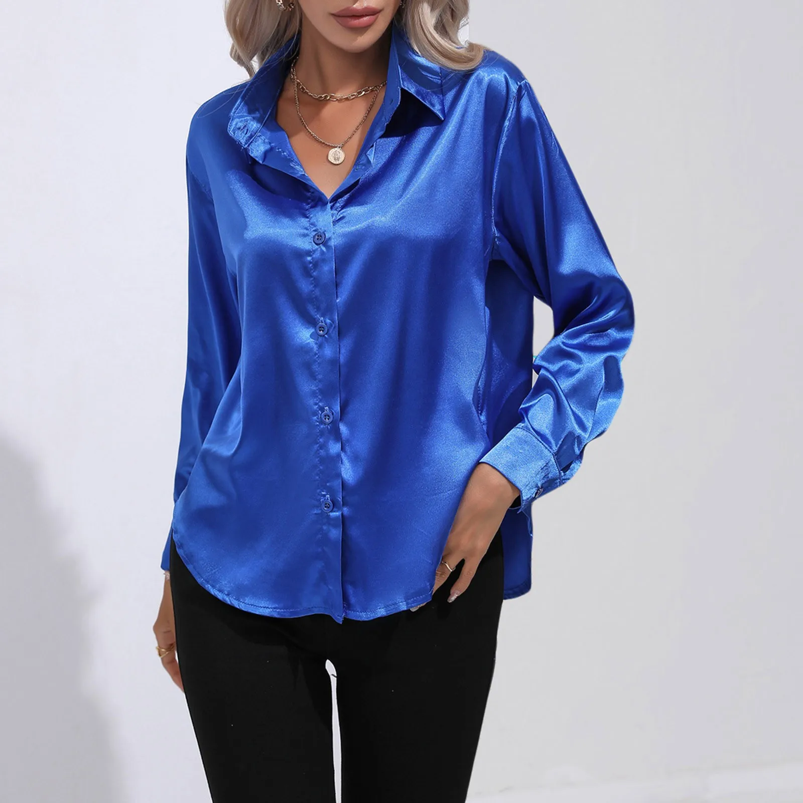 Fashion Work Ol Shirts Solid Color Satin Silk Shirt V-Neck Long Sleeve Women Blouse Office Lady Elegant Button Tops Oversized