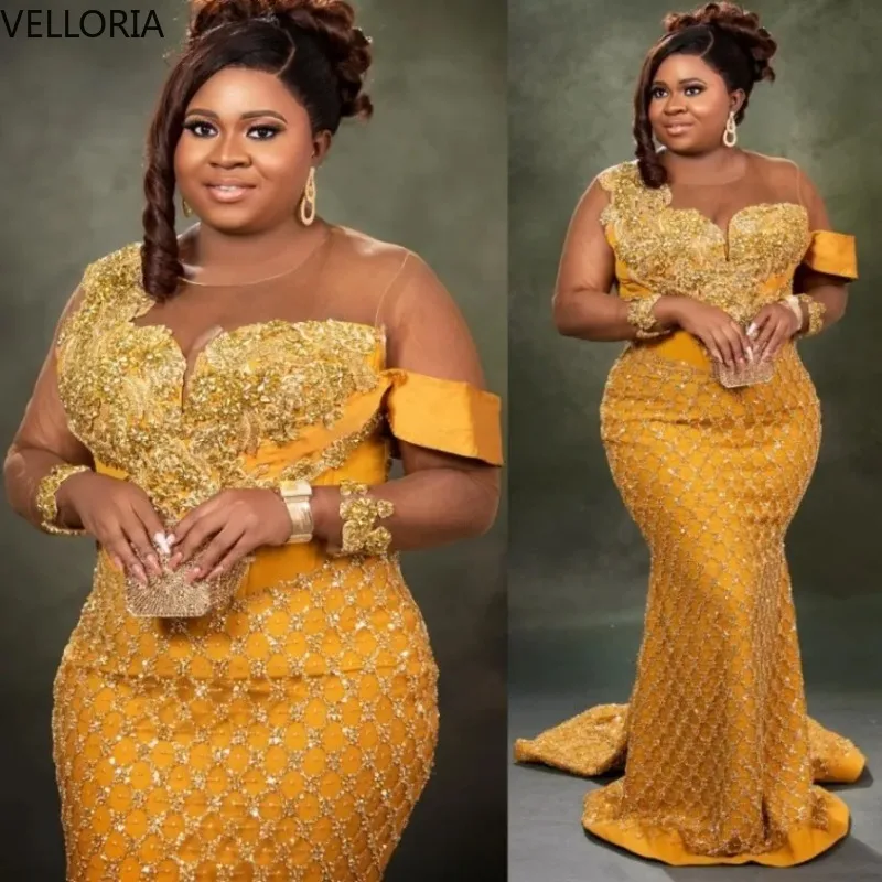 

Exquisite Gold Mermaid Evening Dresses Beaded Crystals Luxury Formal Long Sleeves Floor-Length Prom Dress Party Dress Customized