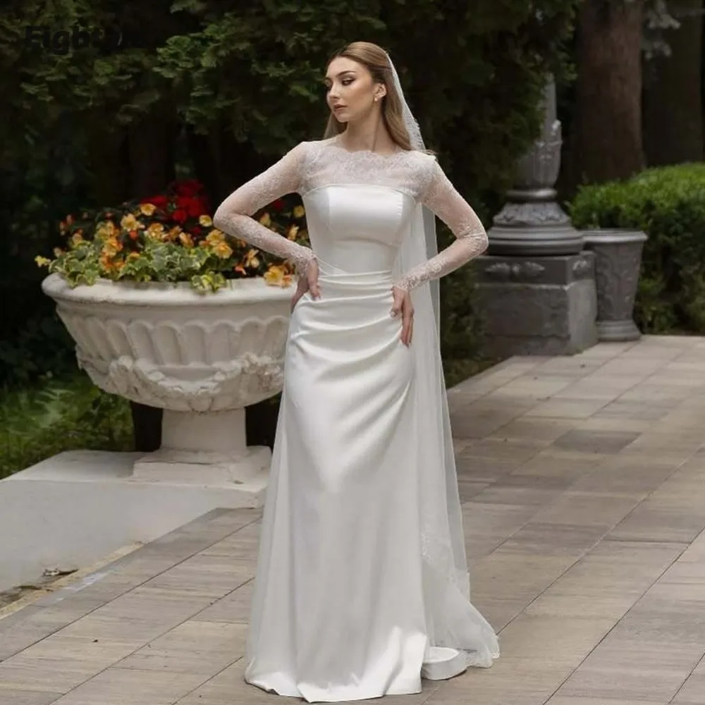 Eightale アラビアのウェディングドレスカスタマイズされたストラップレス長袖サテンアイボリーレースマーメイドブライダルドレス Vestidos デノビア