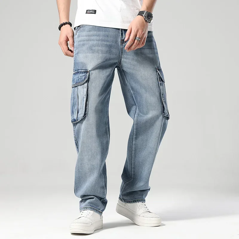 Nanaco New Cargo Pants Men Straight Loose Blue Hip Hop Baggy Jeans With Multi Pockets Wide Denim Pants Size 30-46inch