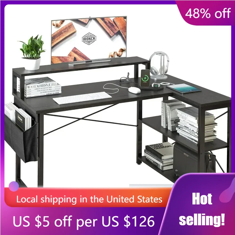 

Laptop Stand Writing Study Table for Home Office L Shaped Desk With Storage Shelves Black Freight Free Gamer Chair Furniture