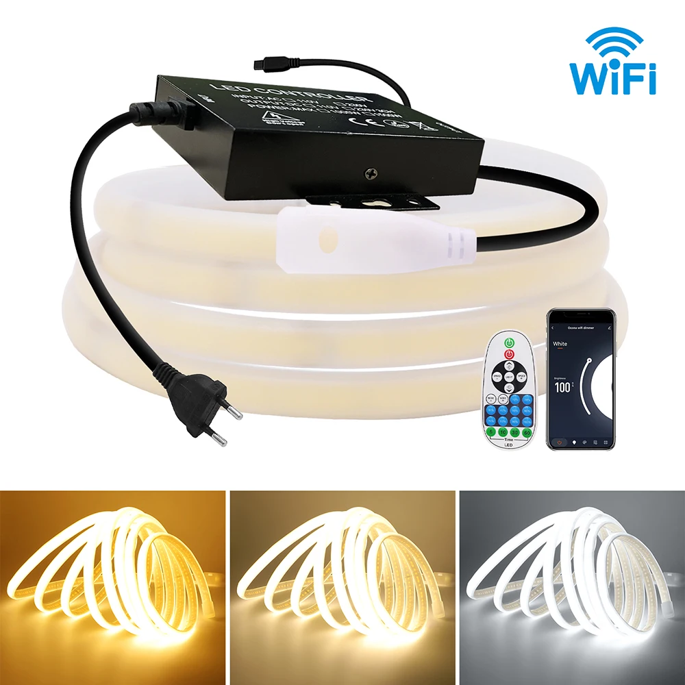 

220V Wall Touch COB LED Neon Strip Light WIFI Bluetooth 23key Remote 1500W Controller EU Power Kit 288LED/m Waterproof Flex Lamp