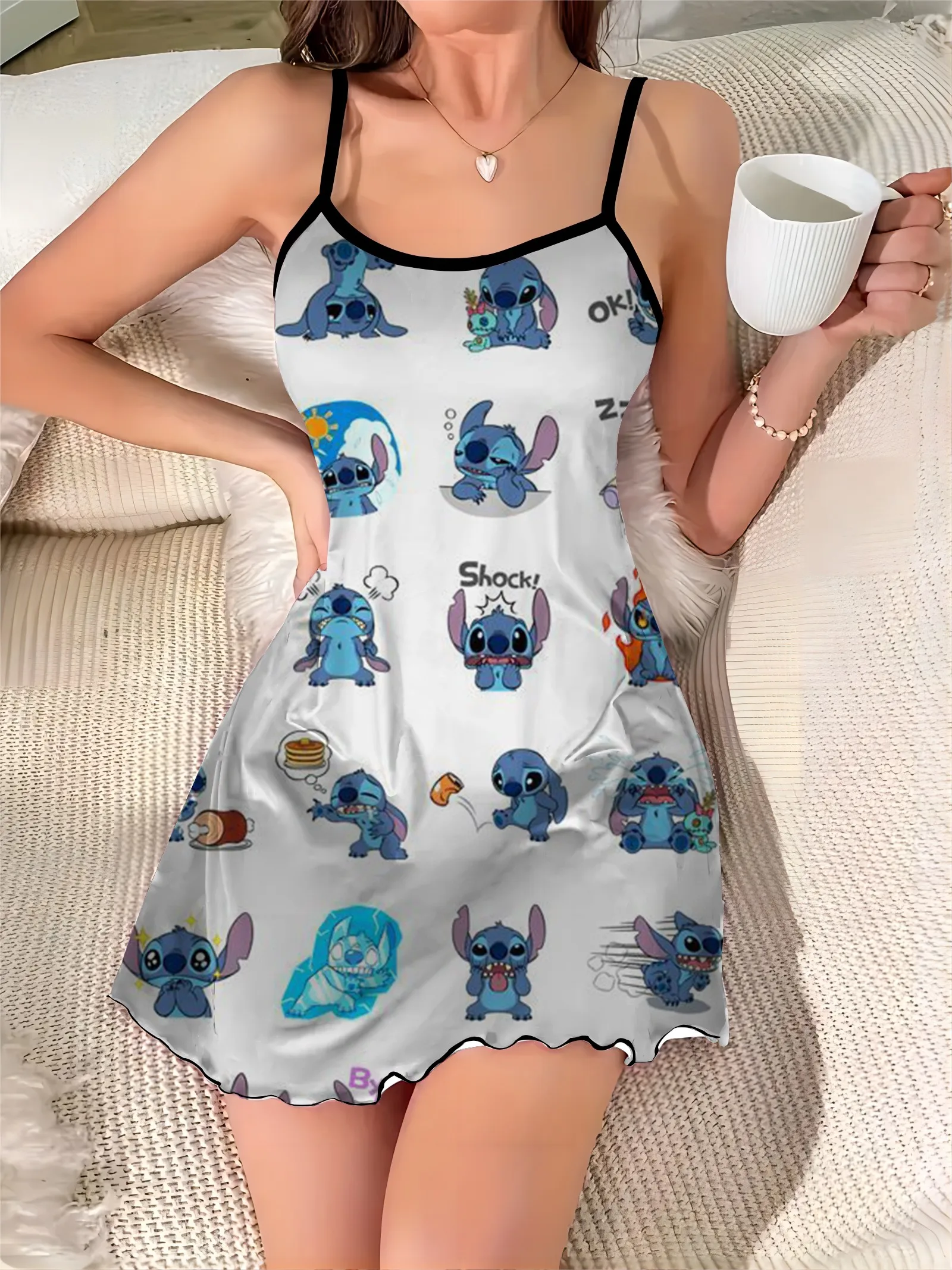 Disney-Vestido corto de satén con cuello redondo para mujer, minivestido Sexy con ribete de lechuga, elegante, a la moda, verano 2024