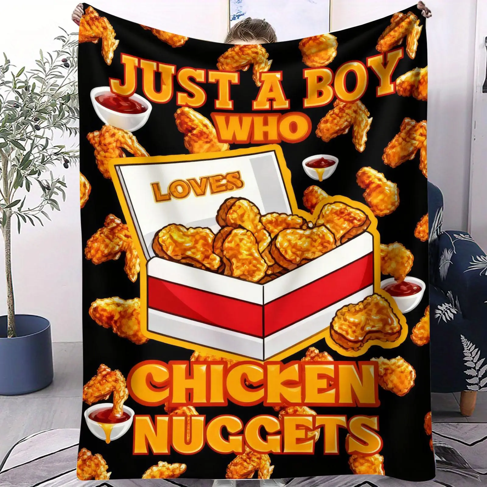 Cartoon Fried Chicken Nuggets & Dipping Sauce Print Flannel Throw Blanket All Season Funny Snack Food Decor Food Lover Gifts
