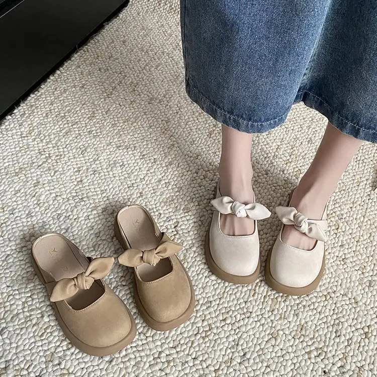 Butterfly-Knot Female Shoes Slippers Women Summer Mules Sexy Low Loafers Cover Toe Slides 2025 Flat Square Butterfly-knot Rubber